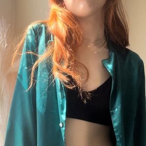 Victoria’s Secret Classy Silky Emerald Green Long Sleeve Button Down Blouse